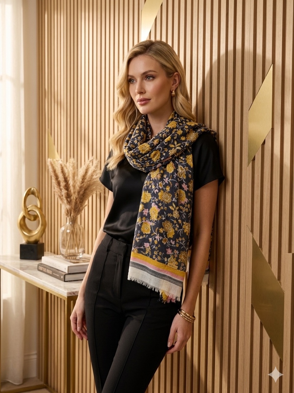 LOFT Floral Pattern Black  and Mustard Scarf
